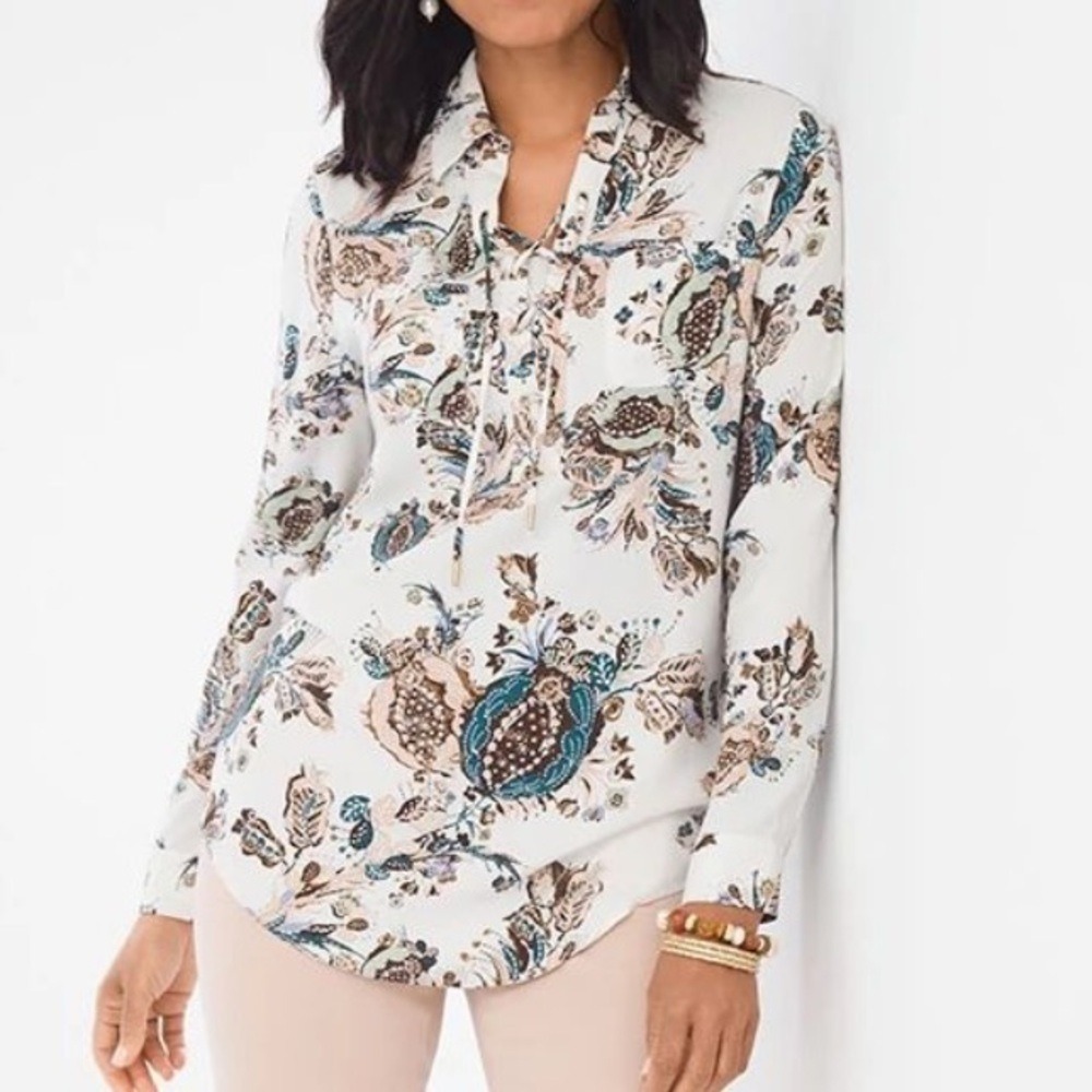 CHICO'S Size 2 US Large Silky Soft Botanical Lace-Up Popover Tunic Modal Blend
